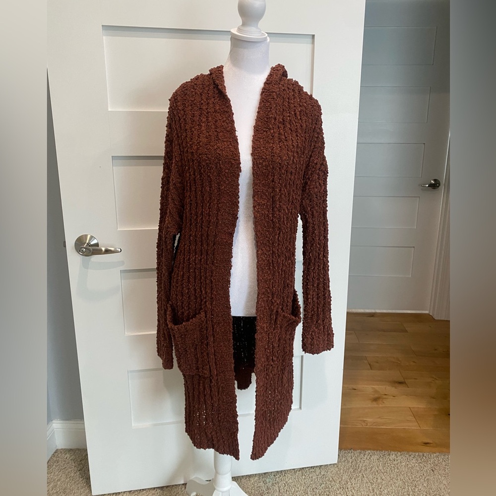 Brown popcorn Textured long hooded open cardigan